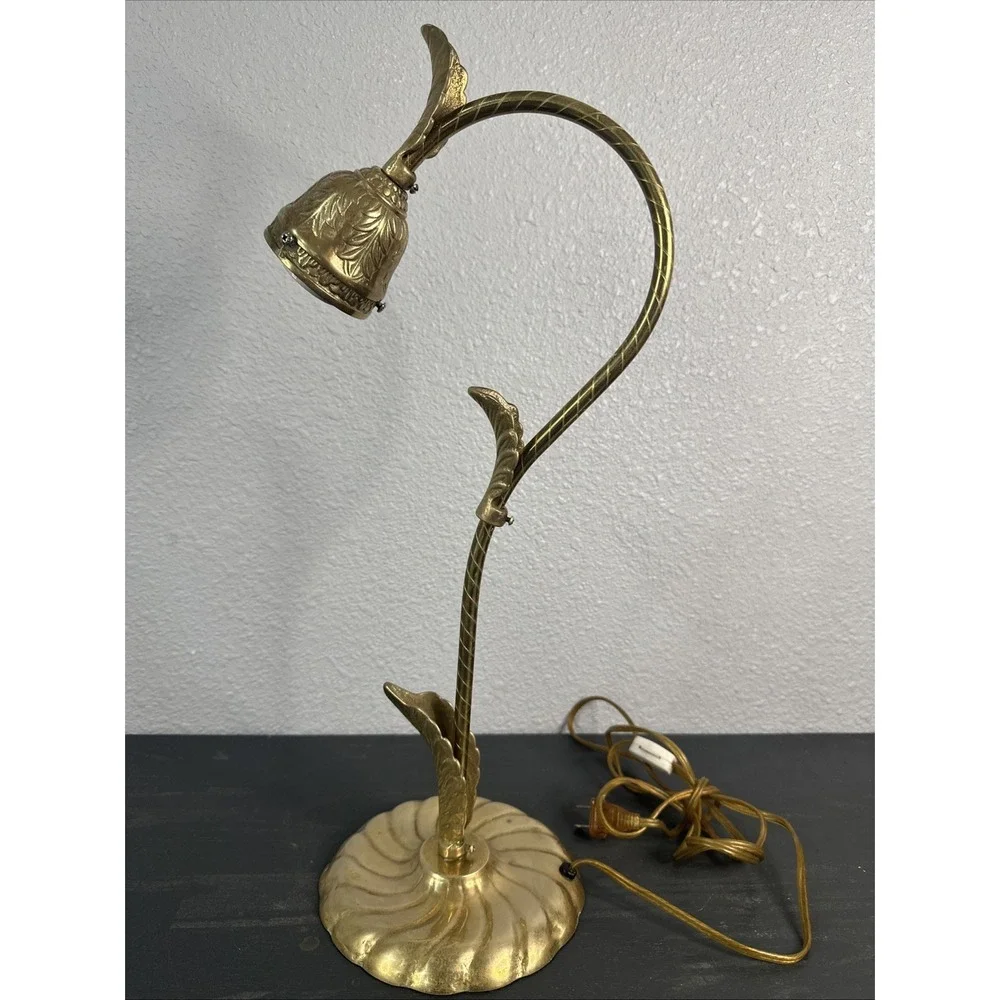 Vintage Brass Casted Metal‎ Gooseneck Electric Table Lamp Leaves Leaf Design 19
